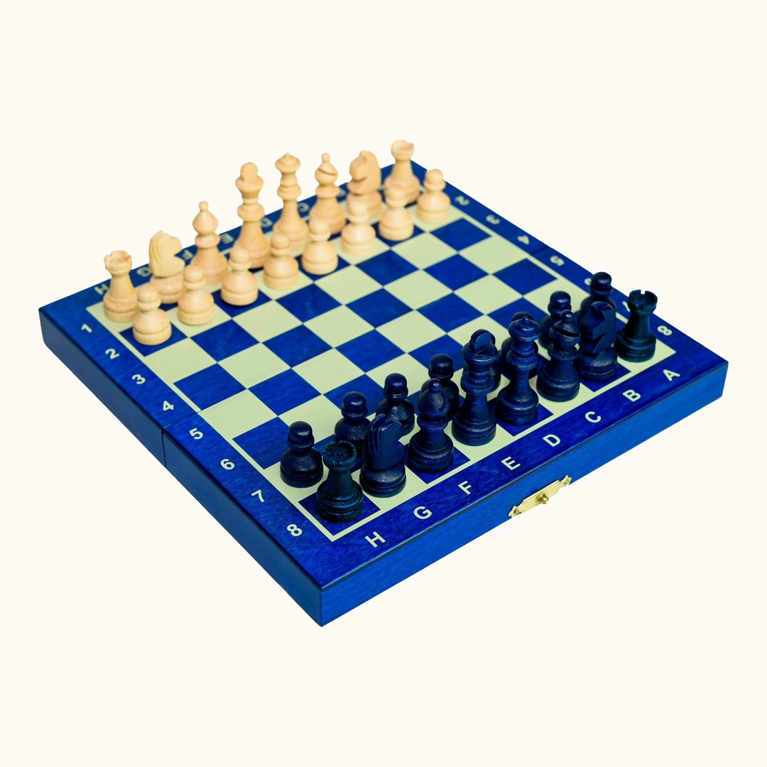 Magnetiskt mini schackset – Bok & Björk – 20 cm – blå