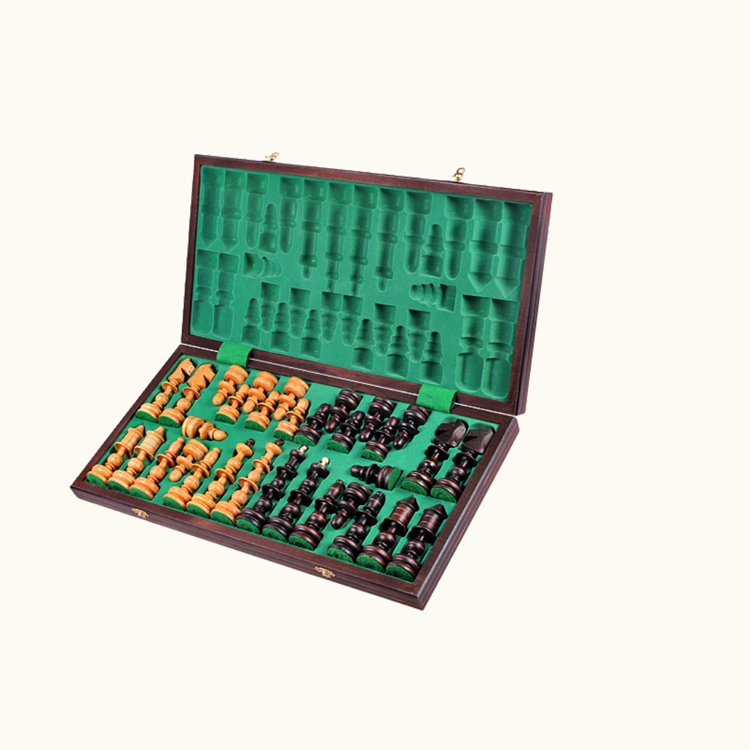 Hopfällbart schackset – Old Polish med handgjorda pjäser – 58 cm