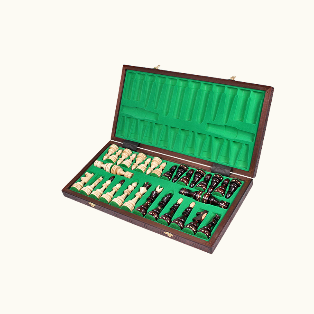 Hopfällbart schackset med handgjorda pjäser – Indian – 54 cm