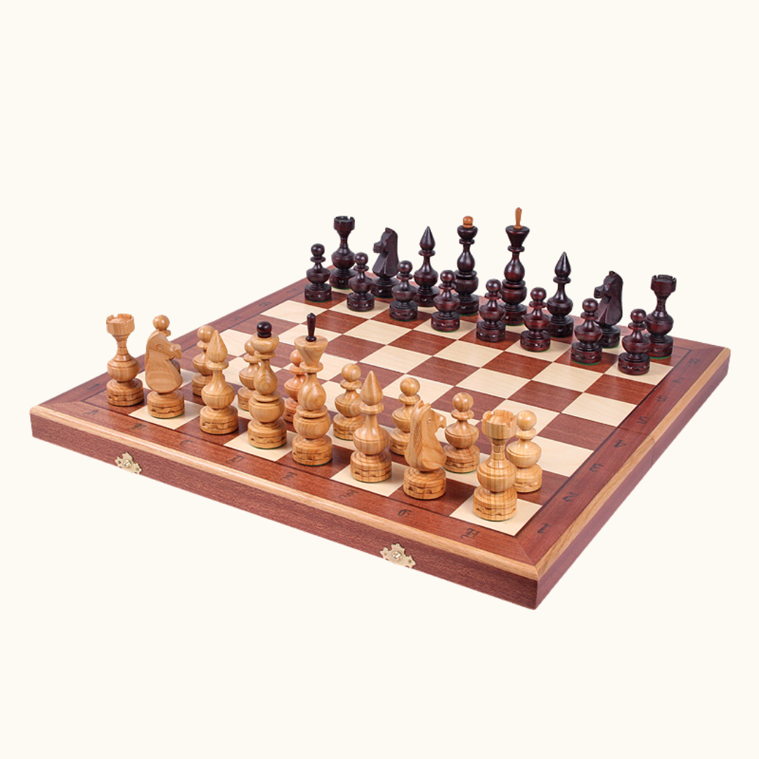 Hopfällbart schackset med intarsia och handgjorda pjäser – Debiut – 48 cm