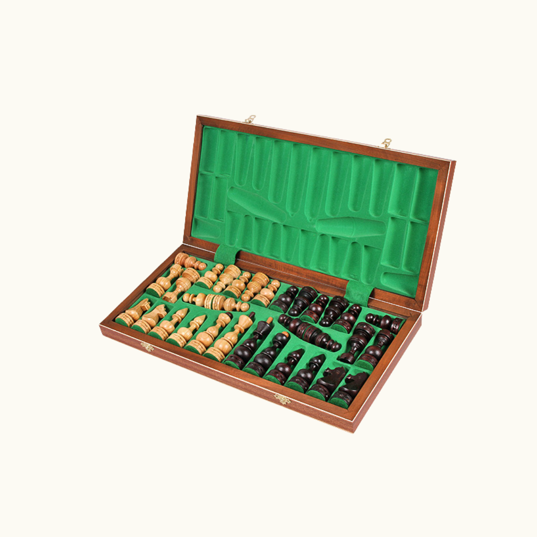 Hopfällbart schackset med intarsia och handgjorda pjäser – Debiut – 48 cm