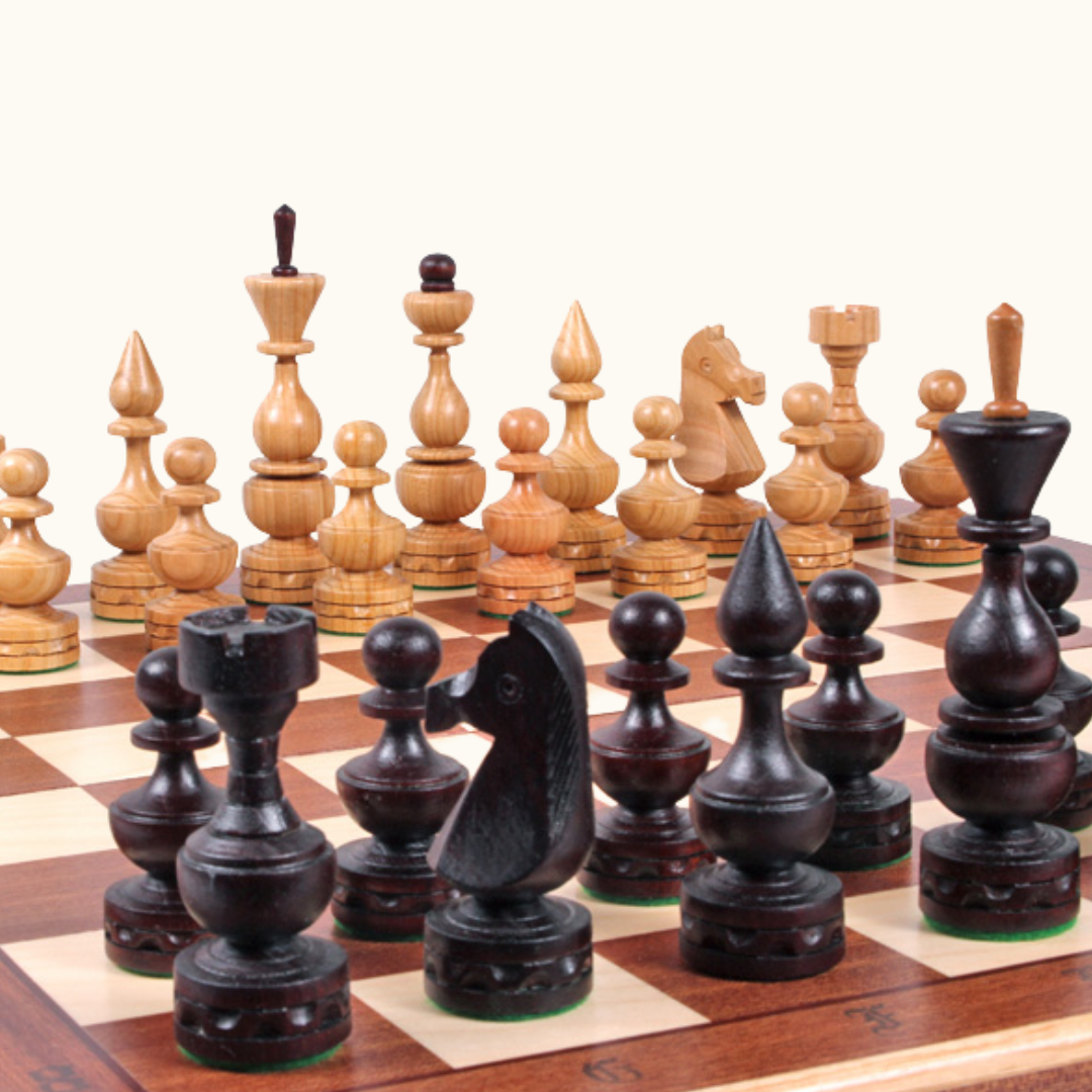 Hopfällbart schackset med intarsia och handgjorda pjäser – Debiut – 48 cm