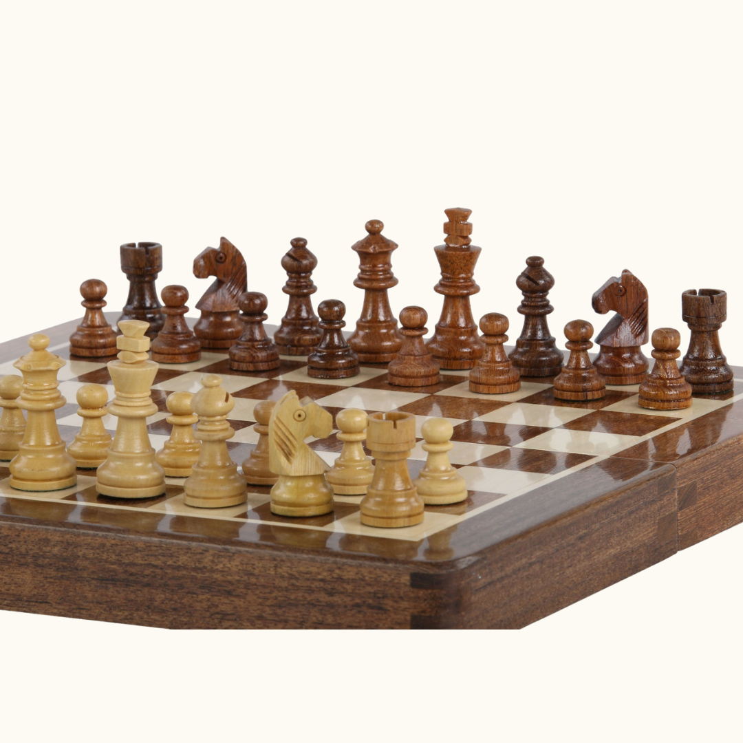 Magnetiskt fällbart schackset – Akacia & buxbom – 18, 25 & 30 cm