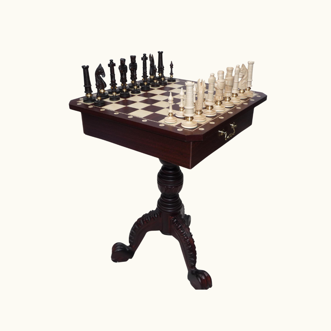 Schackbord med lådor + schackpjäser – komplett set