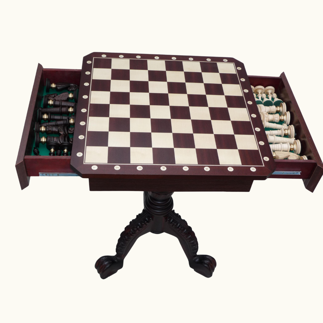 Schackbord med lådor + schackpjäser – komplett set