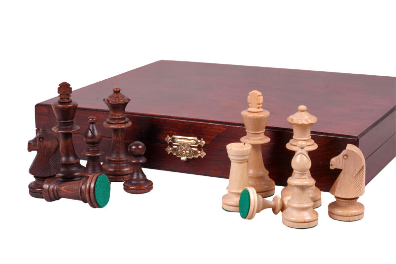 Schackpjäser – Staunton i avenbok med trälåda – 90 mm (No. 5)